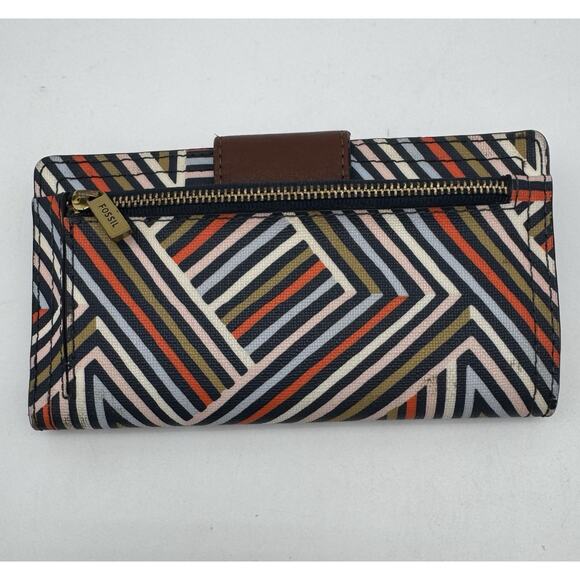 Fossil Madison Slim Clutch Wallet Geometric Red Blue Brown Leather - Picture 4 of 7